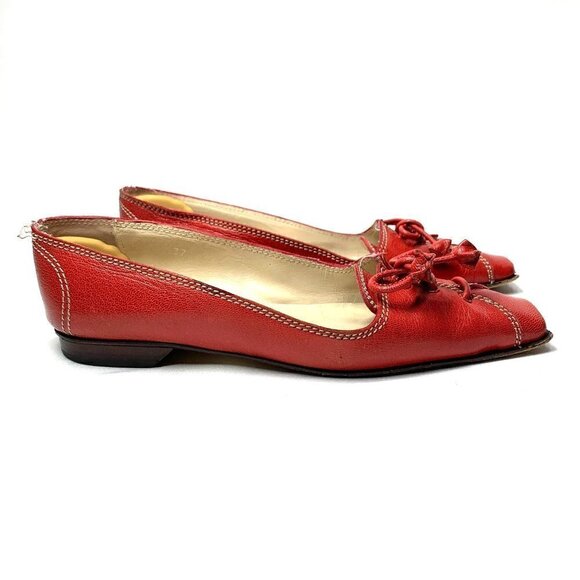 Castaner Square Toe Block Heel Flats With Ties - Red Leather, Size EU 37/US 6.5 - Picture 1 of 12